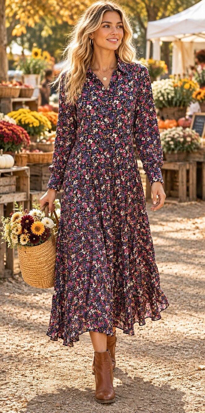 Natural Life Floral Long Sleeve Midi Dress Flowy Boho Countrycore Size Large New